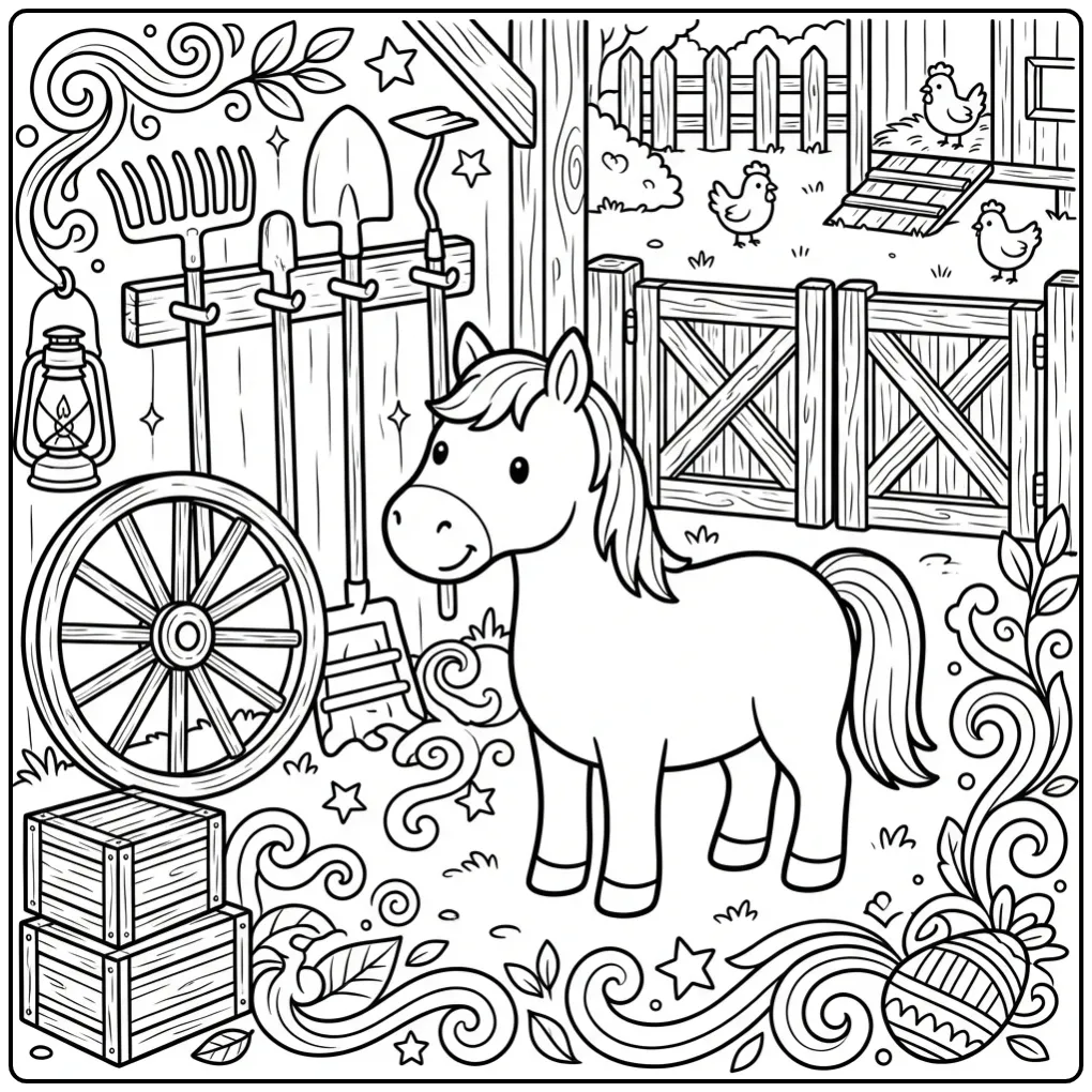 Uitdagende paarden kleurplaat moeilijk met boerderij details