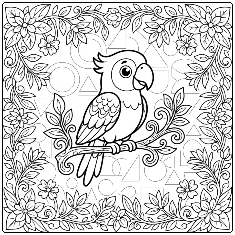 Een sierlijke papegaai kleurplaat volwassenen met bloemen.