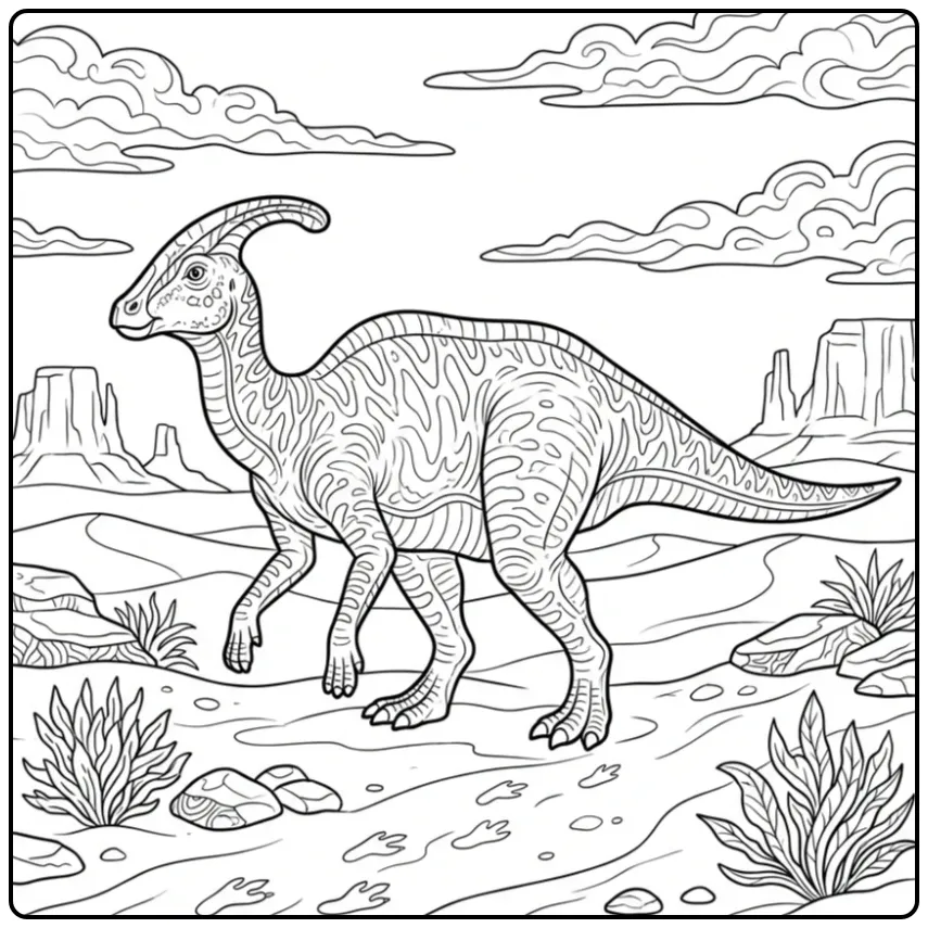 Een dino kleurplaat van een Parasaurolophus in de woestijn.