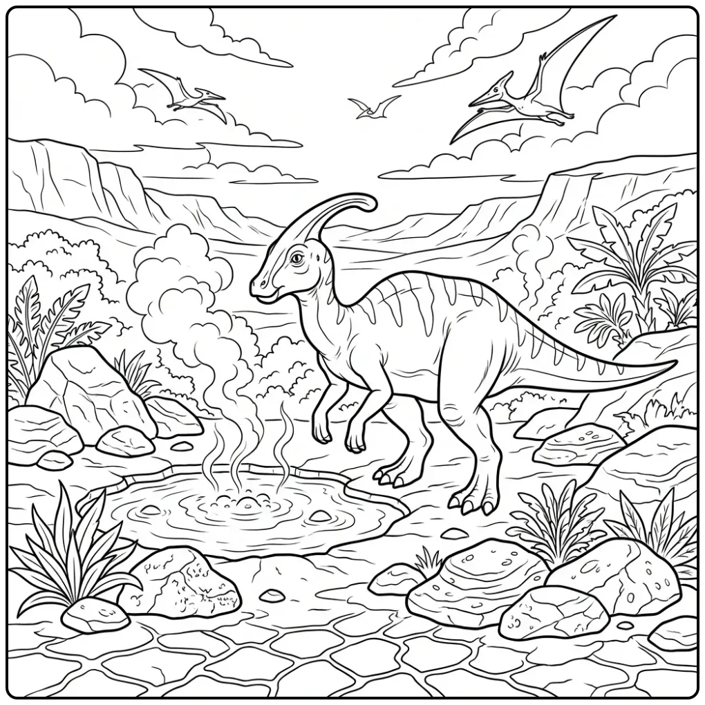 Parasaurolophus kleurplaat met dinosaurus bij hete bronnen.