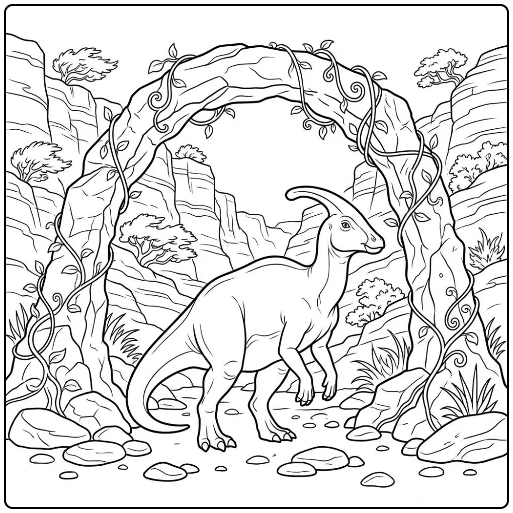 Een gedetailleerde parasaurolophus kleurplaat onder een boog.