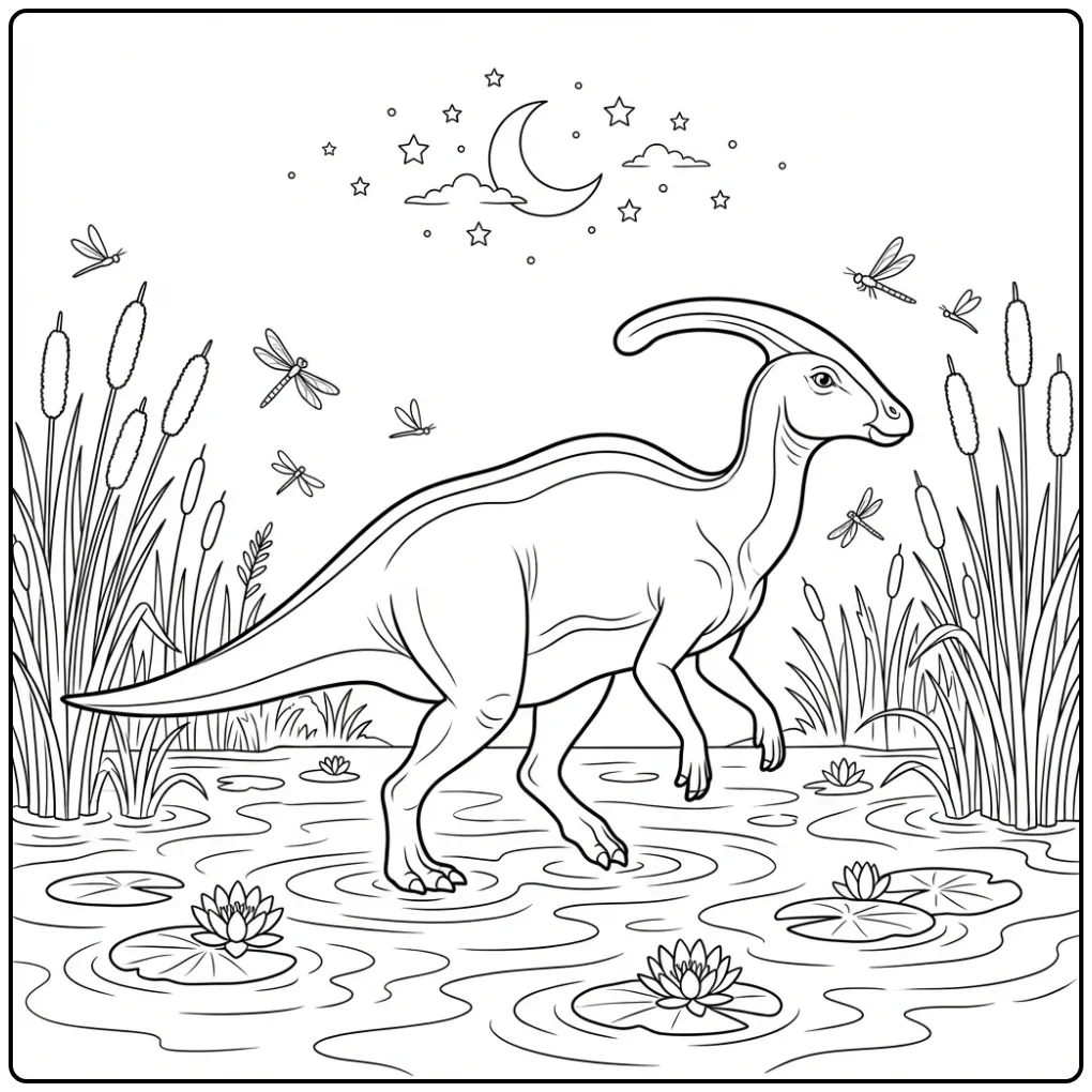 Mooie parasaurolophus kleurplaat met maan en sterren.