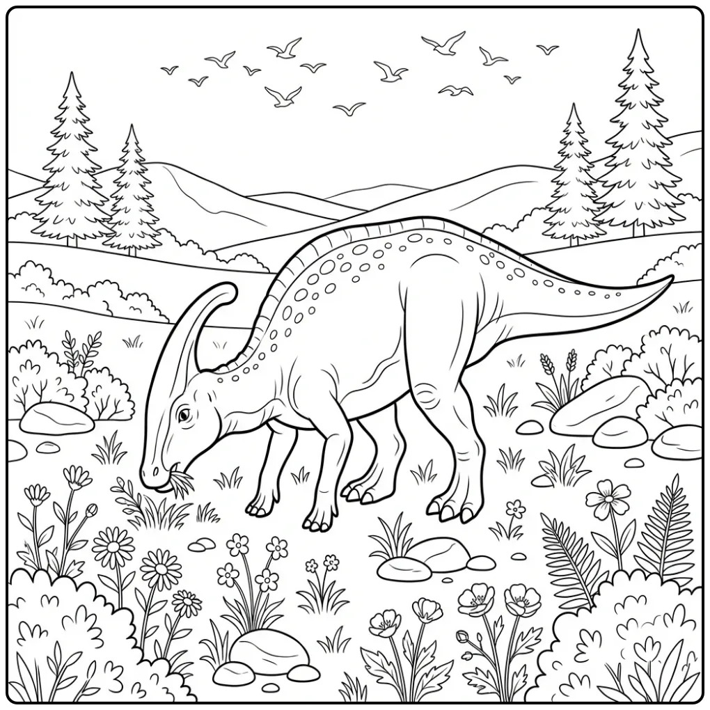 Een grazende parasaurolophus kleurplaat in een weide.