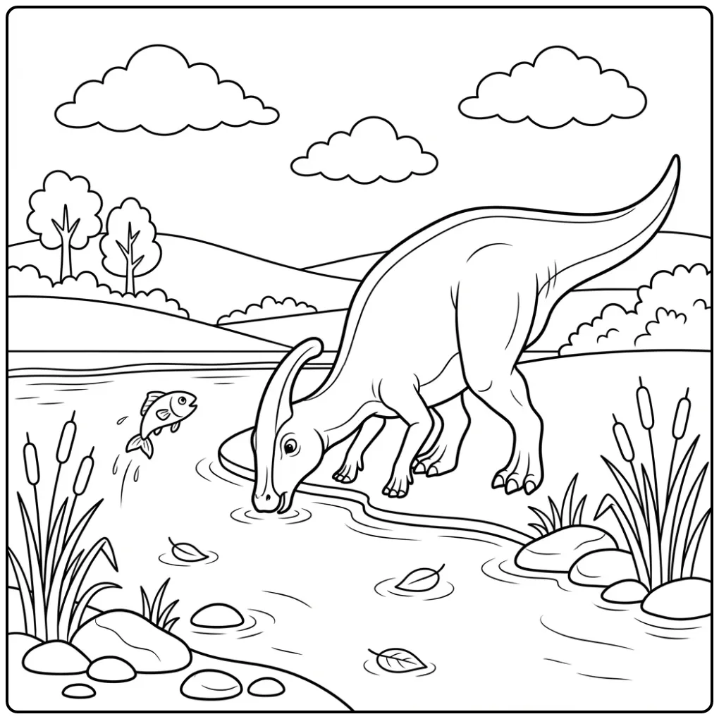 Parasaurolophus kleurplaat drinkend aan de rivier.