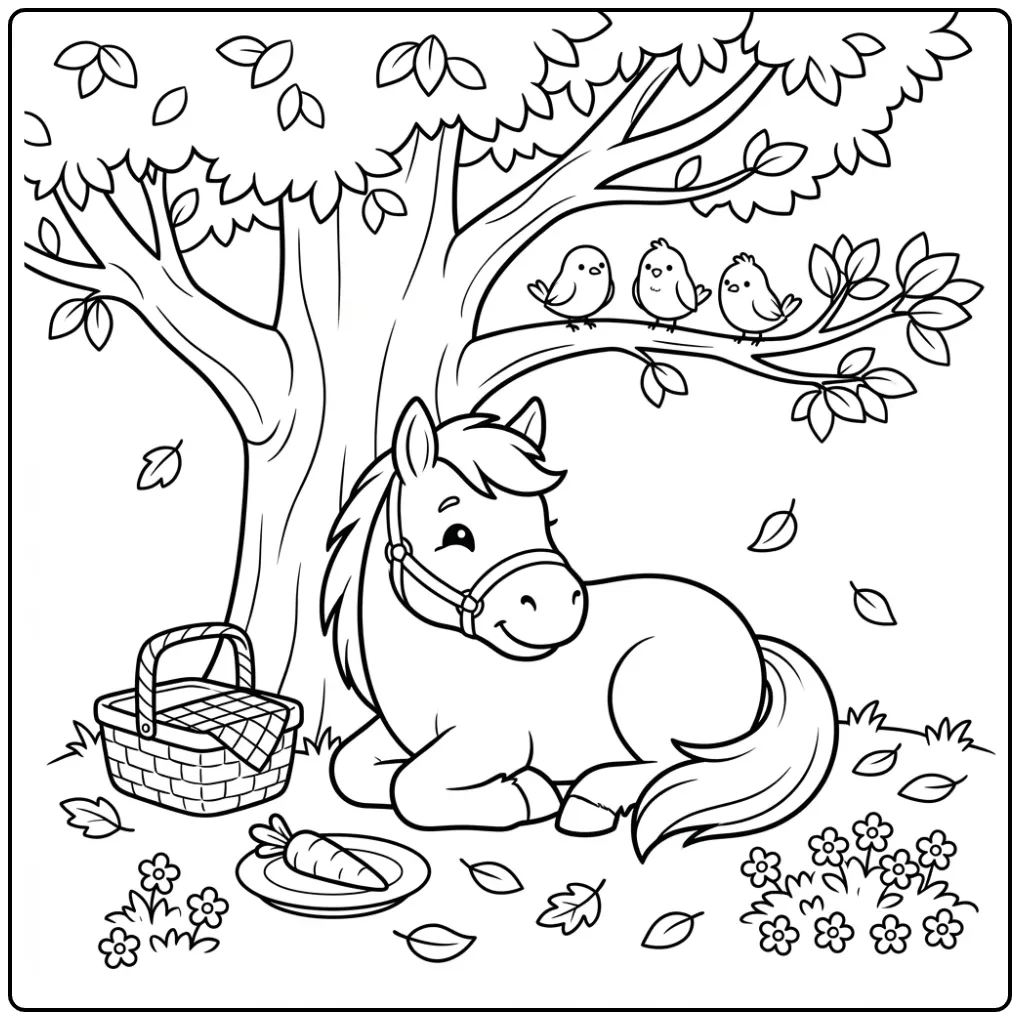 Liggend dier op kleurplaat schattig paard met mand.