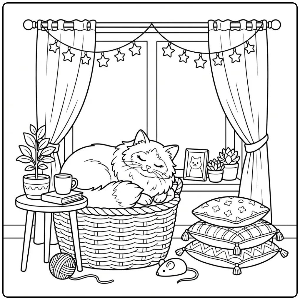 Een schattige poes kleurplaat van een Birmaan in een mandje.