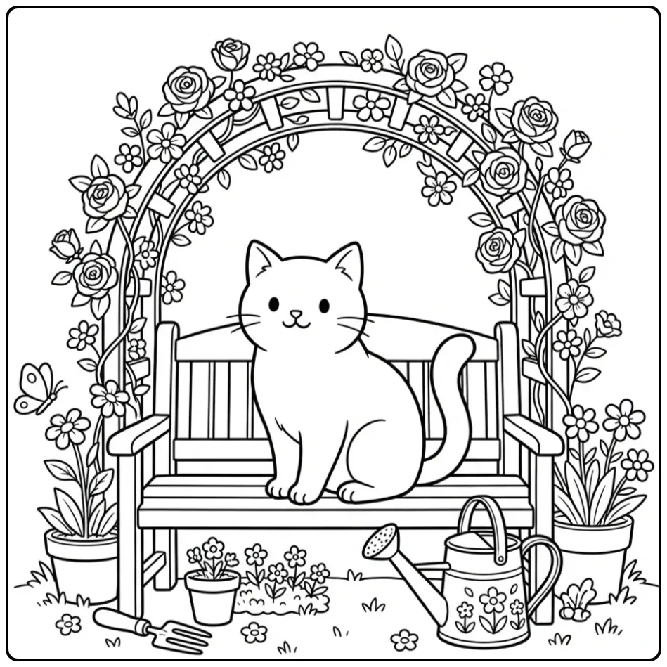 Schattige poes kleurplaat op een tuinbankje met bloemen.