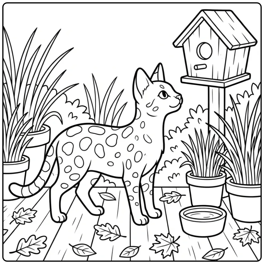 Een leuke poes kleurplaat van een Savannah kat op het terras.