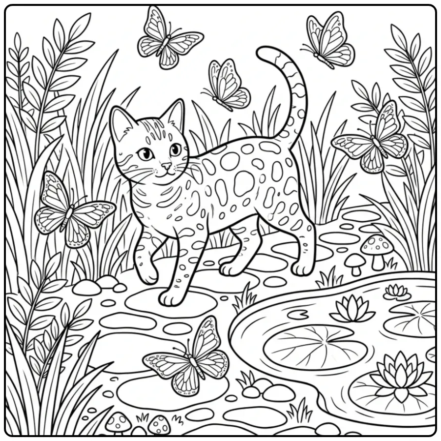 Schattige Bengaalse poes kleurplaat in een tuin vol vlinders.