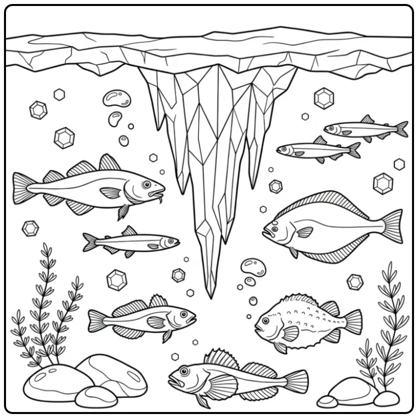 Arctische vissen onder ijs in deze kleurplaat vis.