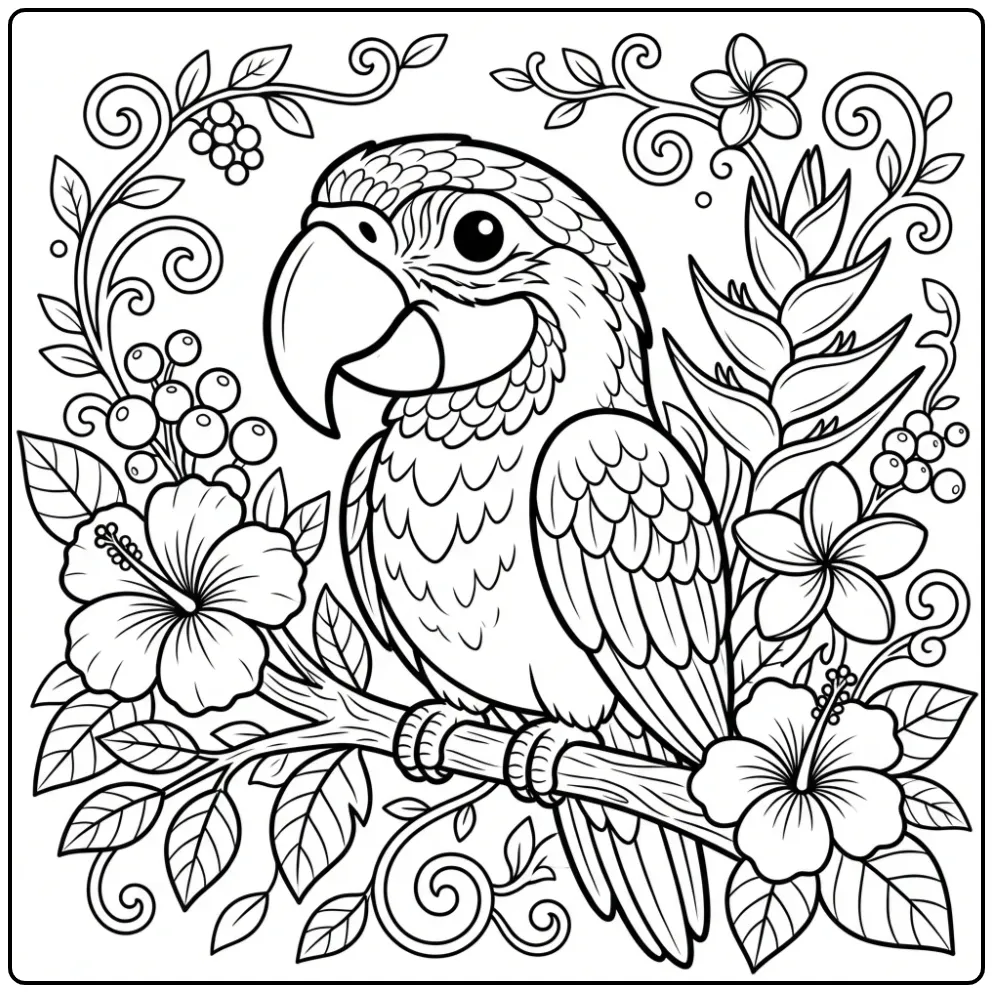 Kleurplaat ara kop met kromme snavel op een tak.