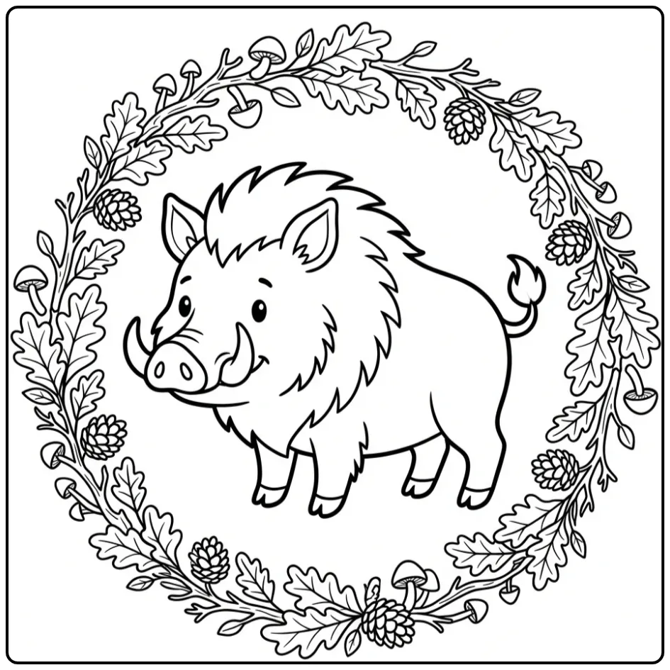 Schattige kleurplaat everzwijn met boskrans en slagtanden.