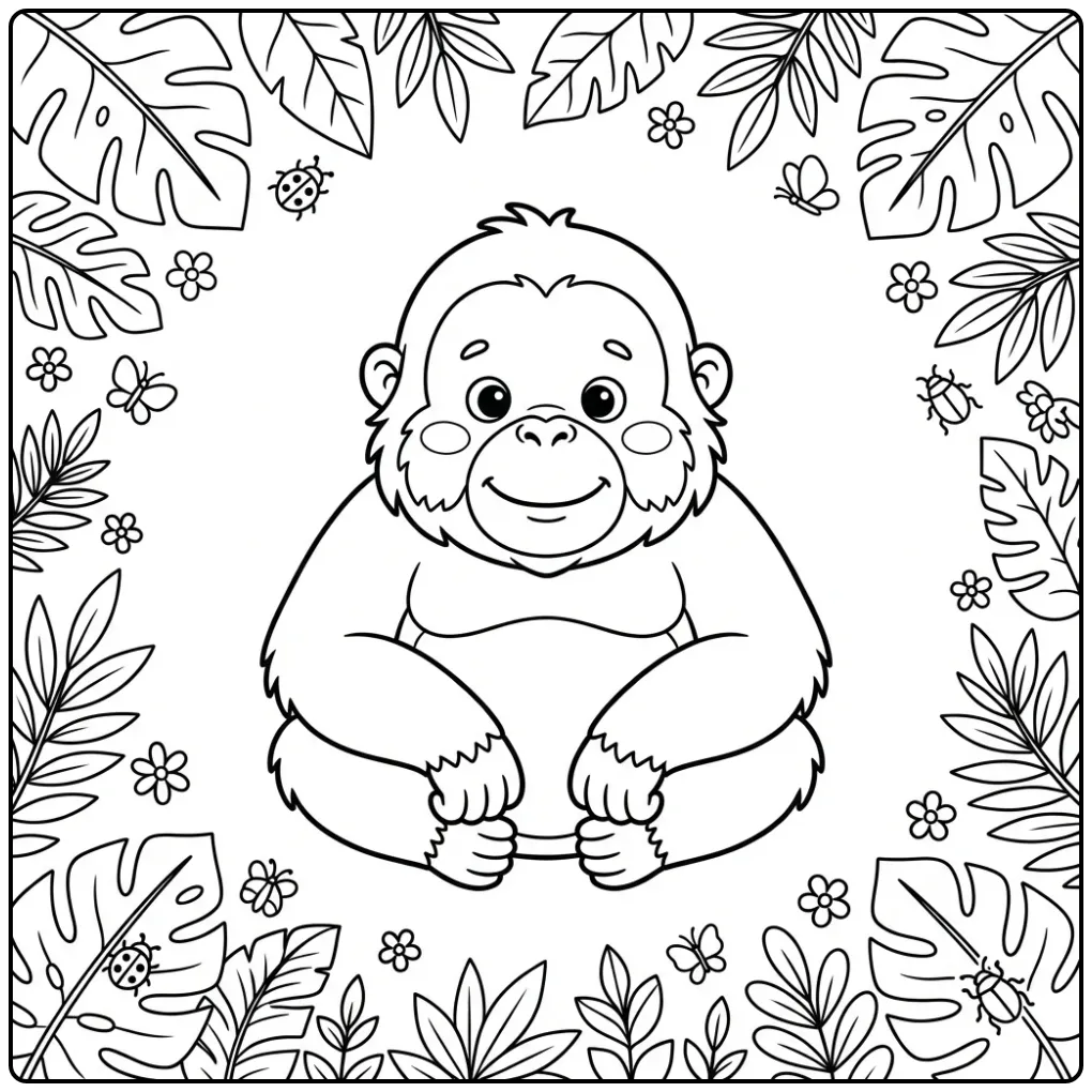 Schattige orang oetan kleurplaat met bladeren en bloemen