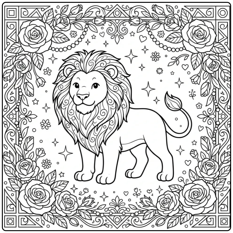 Gedetailleerde kleurplaat leeuw volwassenen met rozen.