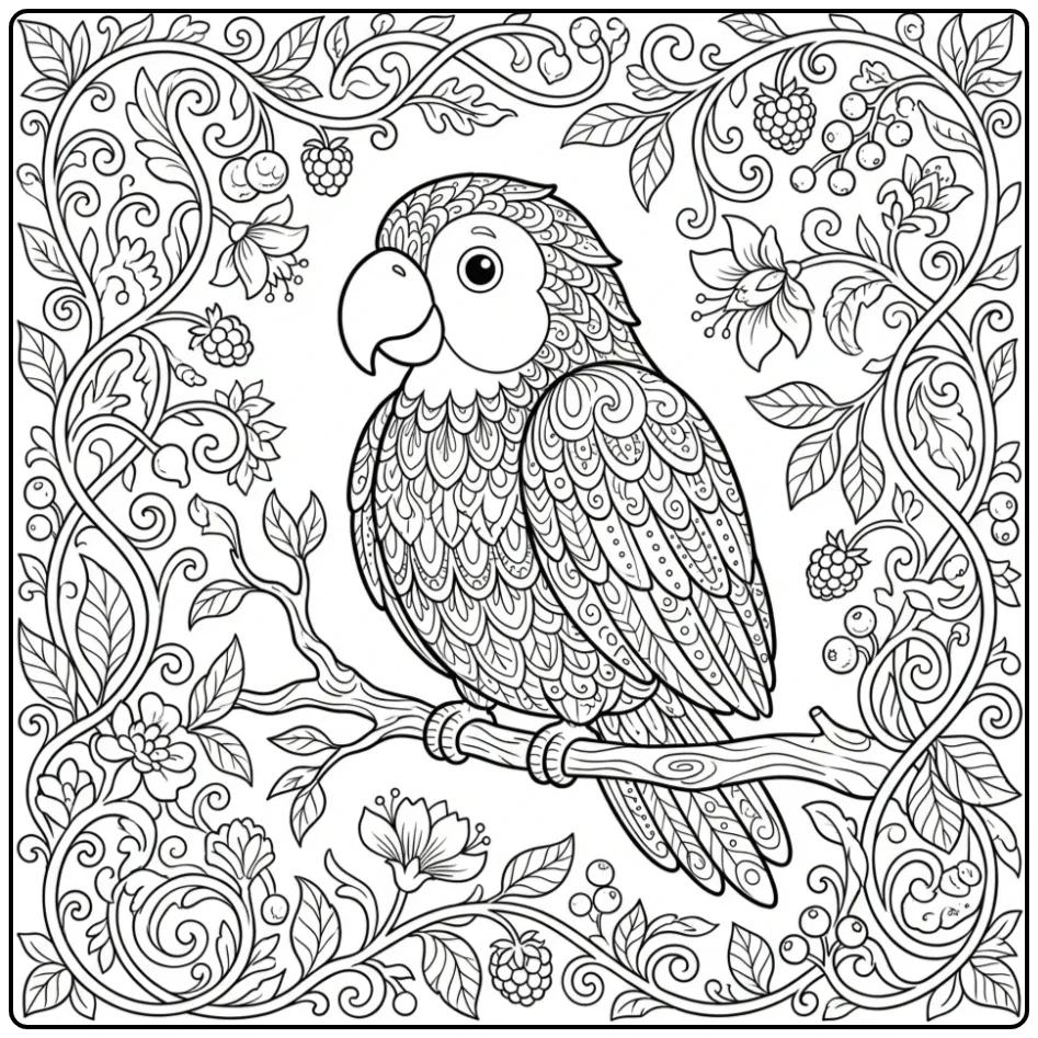 Gedetailleerde kleurplaat papegaai moeilijk met sierlijke bladeren.