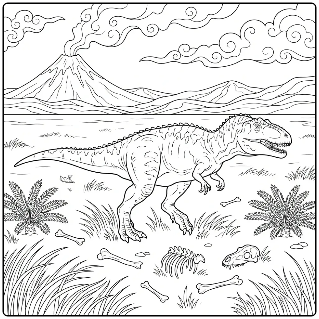 Giganotosaurus kleurplaat met vulkaan en prehistorische natuur.