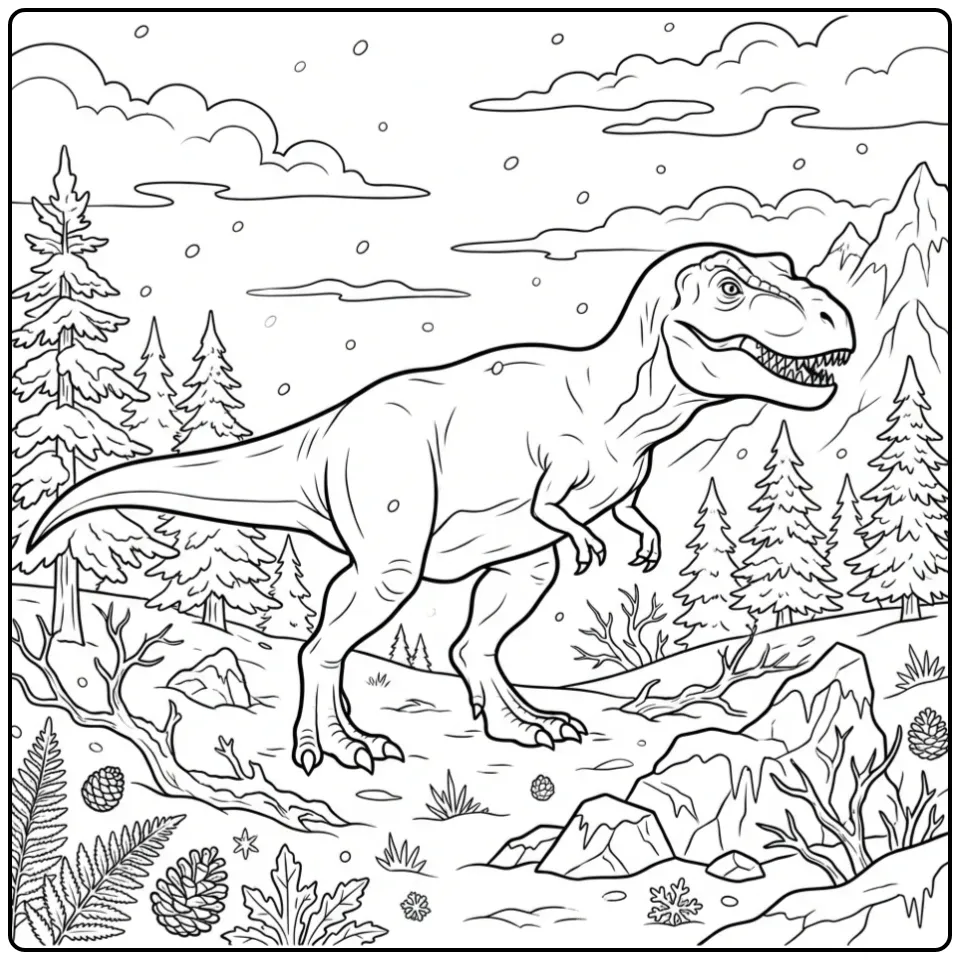 Winterse t rex kleurplaat wandelend door de sneeuw.