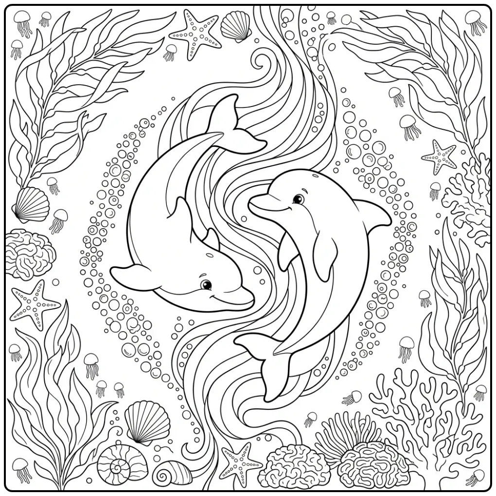 Gedetailleerde dolfijn kleurplaat moeilijk met koraal en bubbels