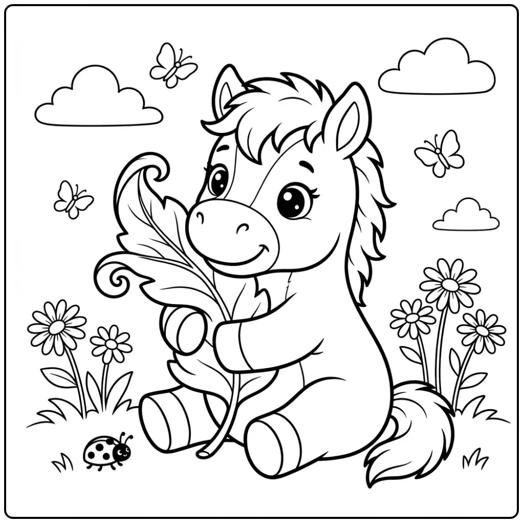 Een schattige veulen kleurplaat met een groot blad.