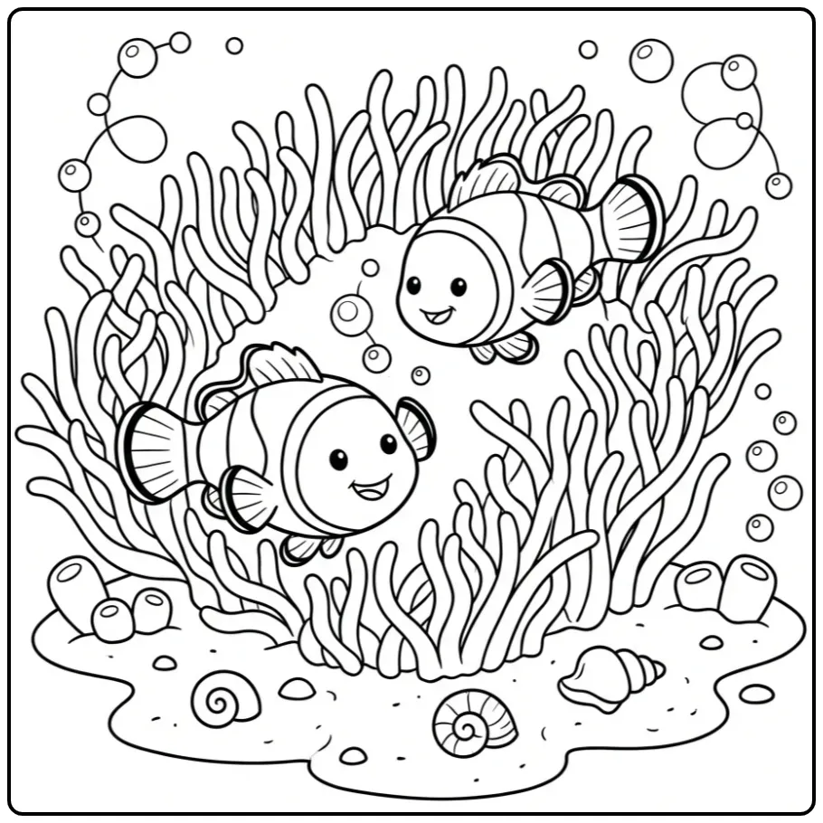 Leuke clownvis kleurplaat met twee vissen en anemonen.