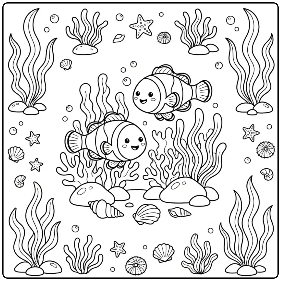 Leuke clownvis kleurplaat met twee vissen in het koraal.