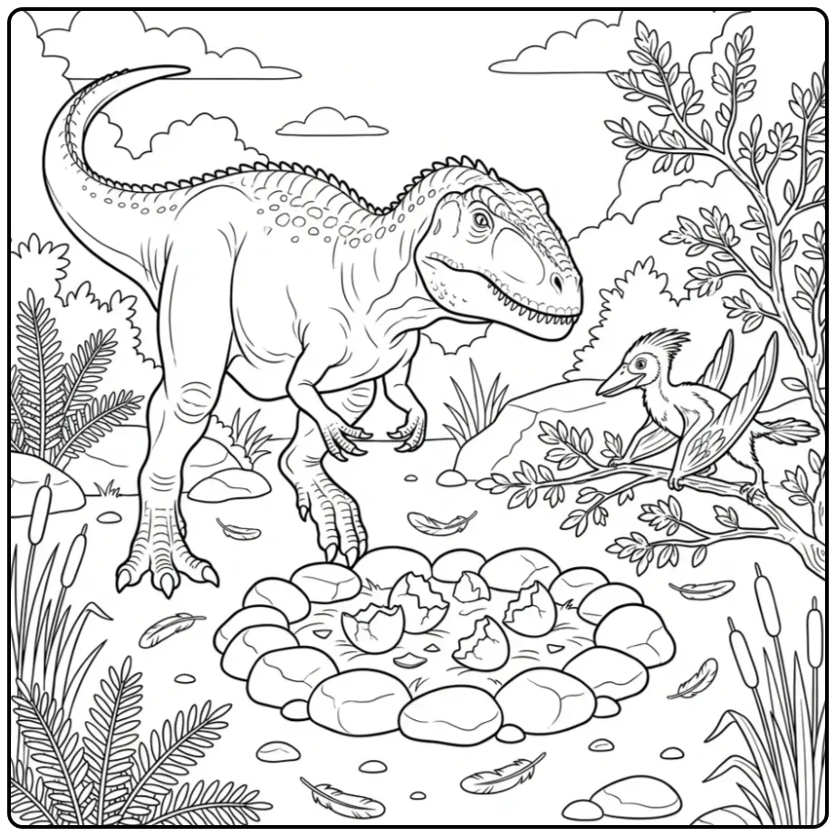 Realistische giganotosaurus kleurplaat bij een nest met eieren.