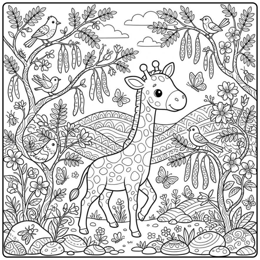 Een giraf kleurplaat moeilijk met acacia bladeren en vogels.
