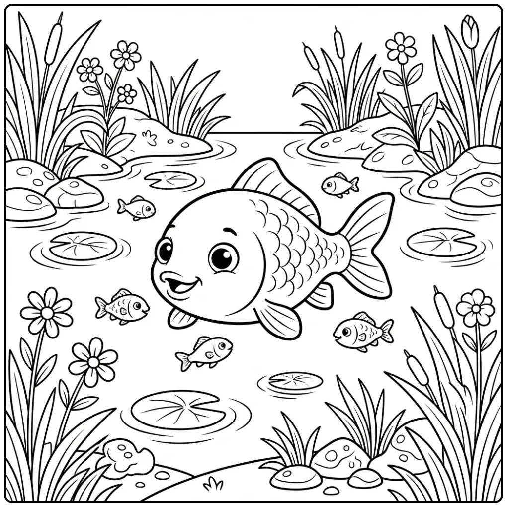 Schattige karper kleurplaat in een rustige vijver met riet.
