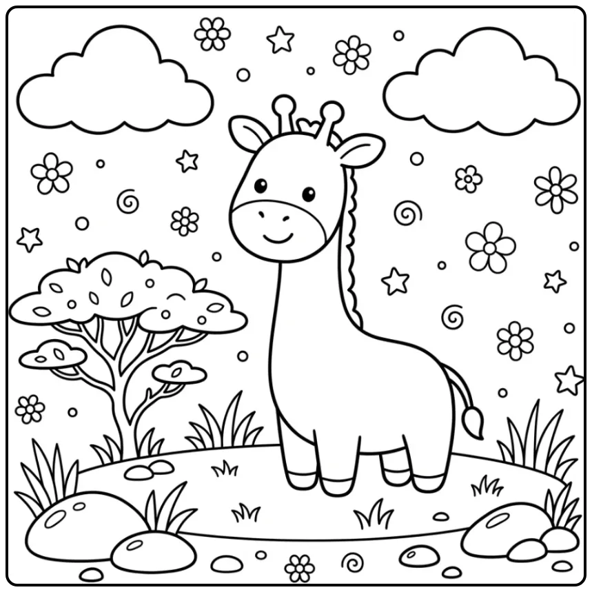 Schattige kleurplaat giraffe makkelijk in de natuur.