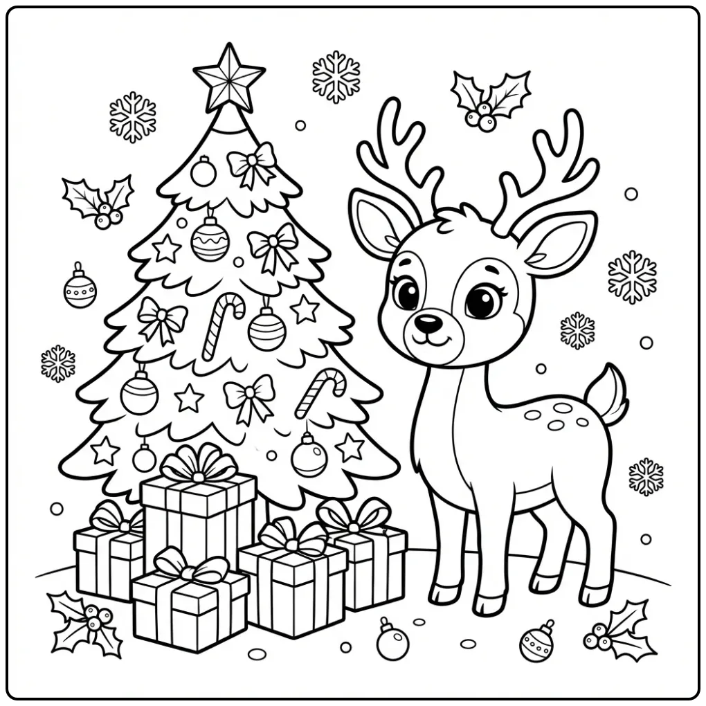 Leuke kleurplaat kerst hert naast een versierde kerstboom.