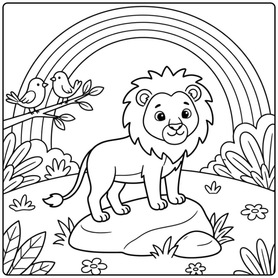 Schattige kleurplaat leeuw makkelijk met regenboog en vogels
