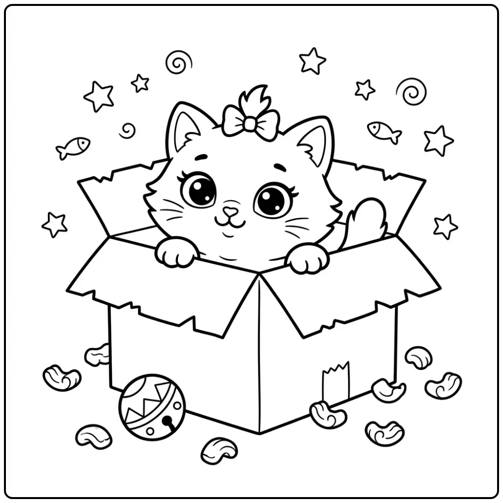 Kleurplaat schattige poes kijkt uit een doos met speelgoed.