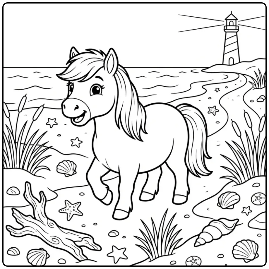 Een schattige kleurplaat shetlander op het strand met schelpen.