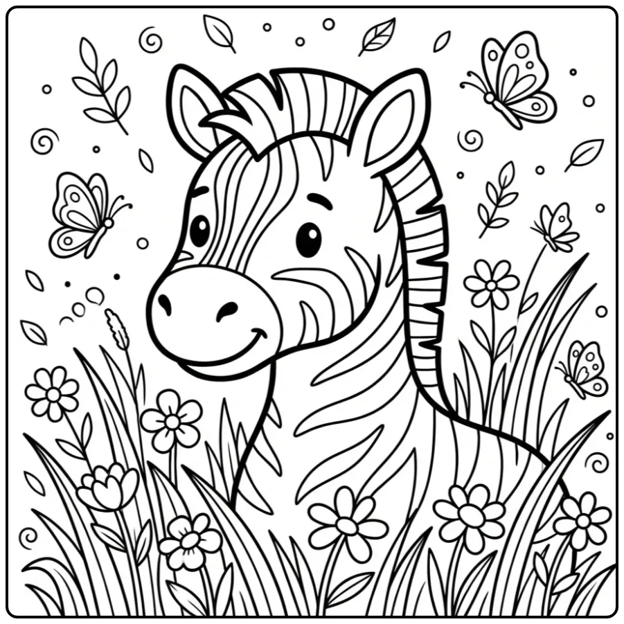 Een schattige kleurplaat zebra in het gras met vlinders.