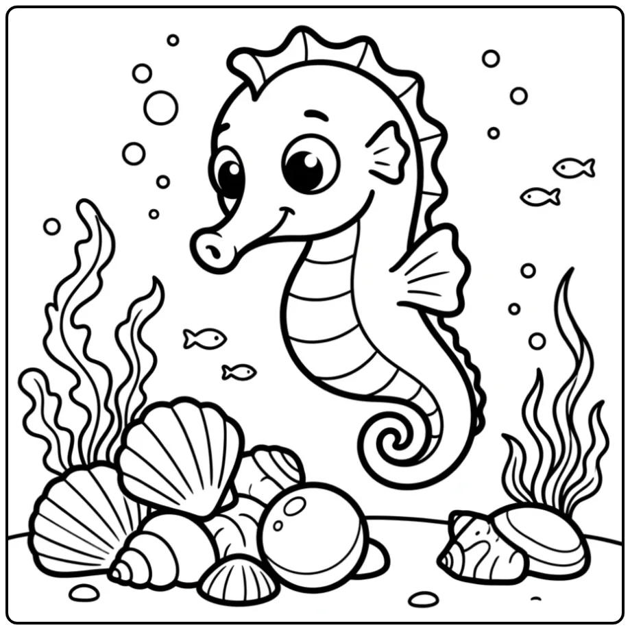 Schattige kleurplaat zeepaardje met schelpen en parels.