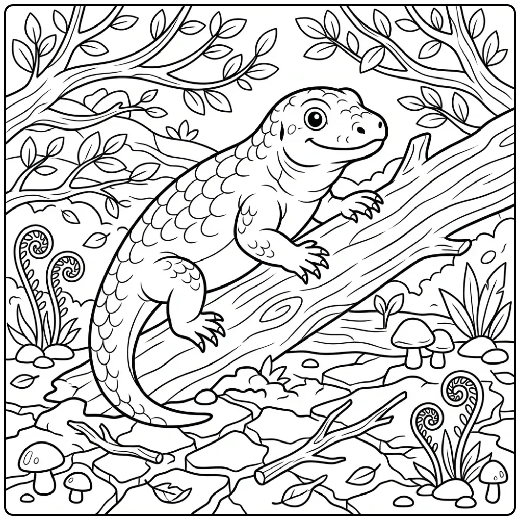 Schattige komodovaraan kleurplaat klimmend over een boomstam.