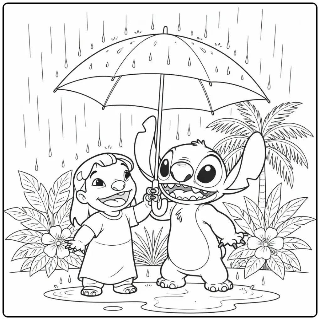 Vrolijke lilo en stitch kleurplaat in de regen met paraplu.