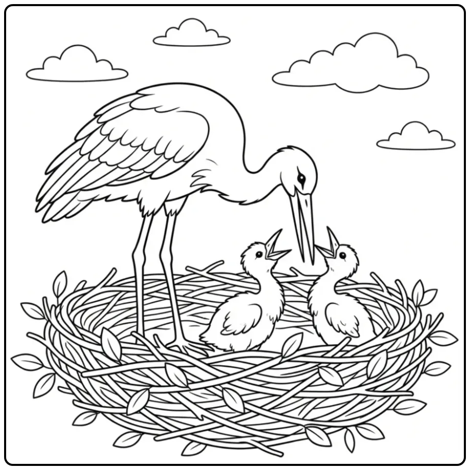 Schattige ooievaar kleurplaat met nest en kuikens.