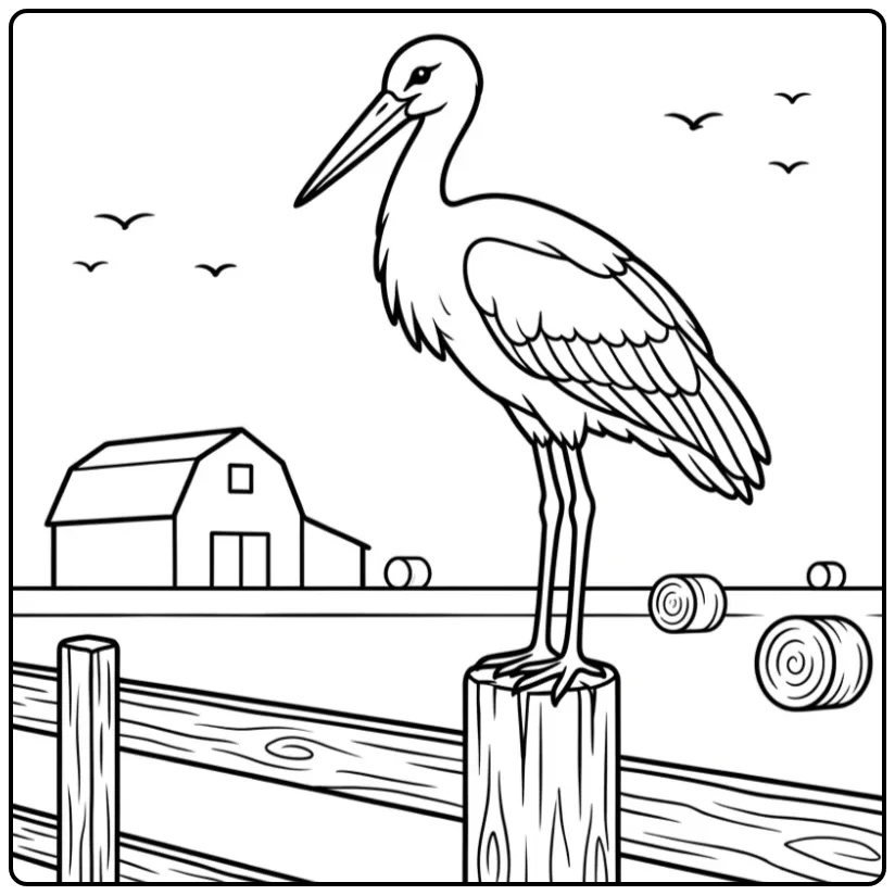 Mooie ooievaar kleurplaat op een hek bij de boerderij.