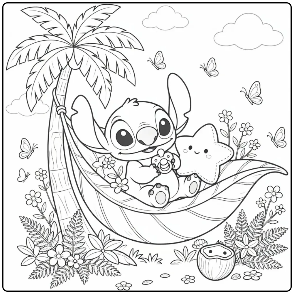 Een schattig baby stitch kleurplaat met ster en wiegje.