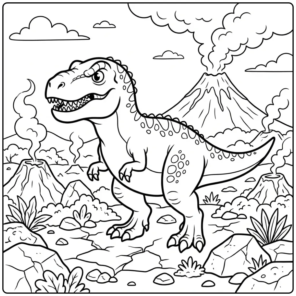 Schattige T rex kleurplaat met vulkaan en rotsen