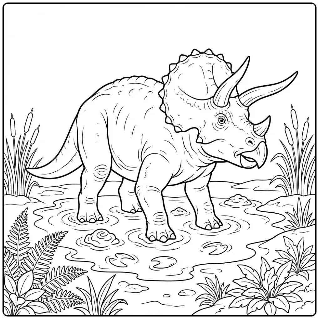 Realistische triceratops kleurplaat in een modderpoel met riet
