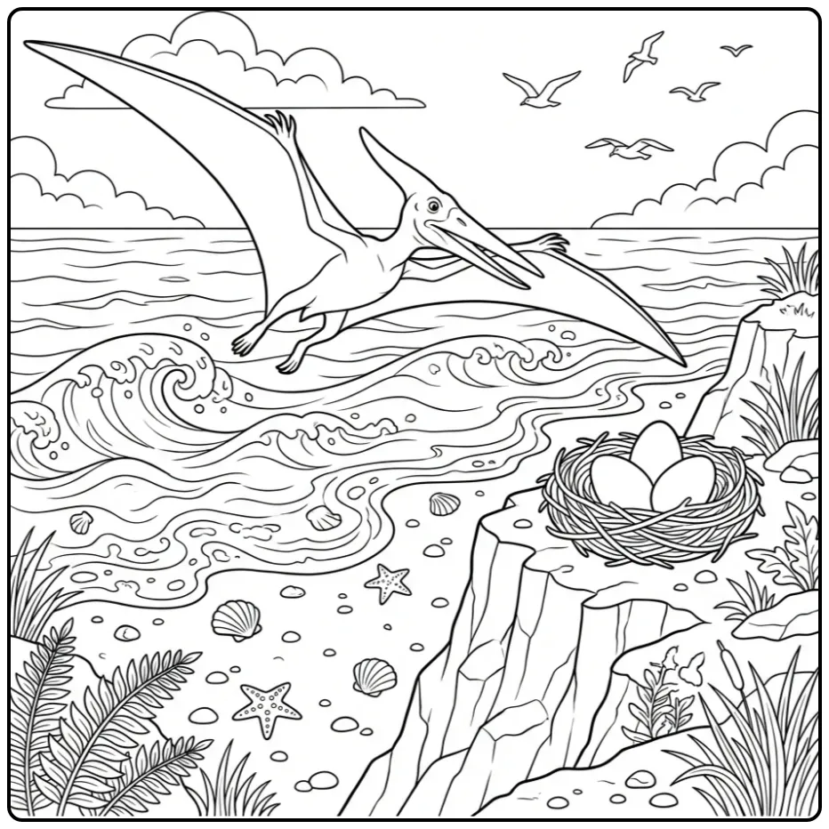 Vliegende Pteranodon dino kleurplaat boven de oceaan.