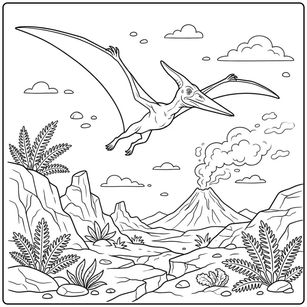 Vliegende pterodactylus kleurplaat met vulkaan.