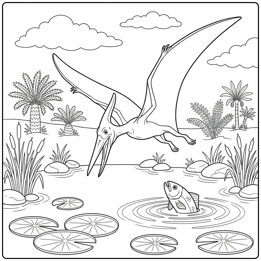 Realistische pterodactylus kleurplaat die vist in een meer.