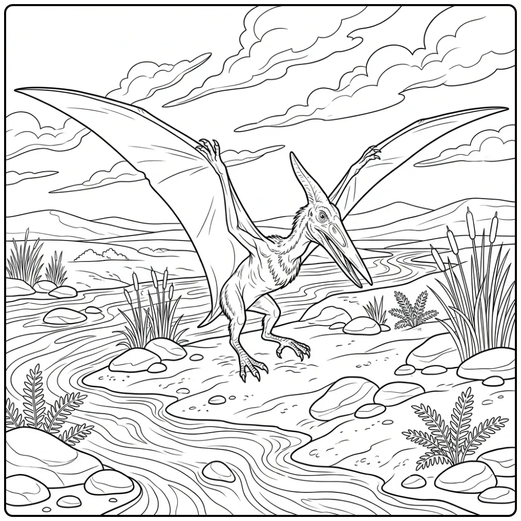 Gedetailleerde pterodactylus kleurplaat met rivier.
