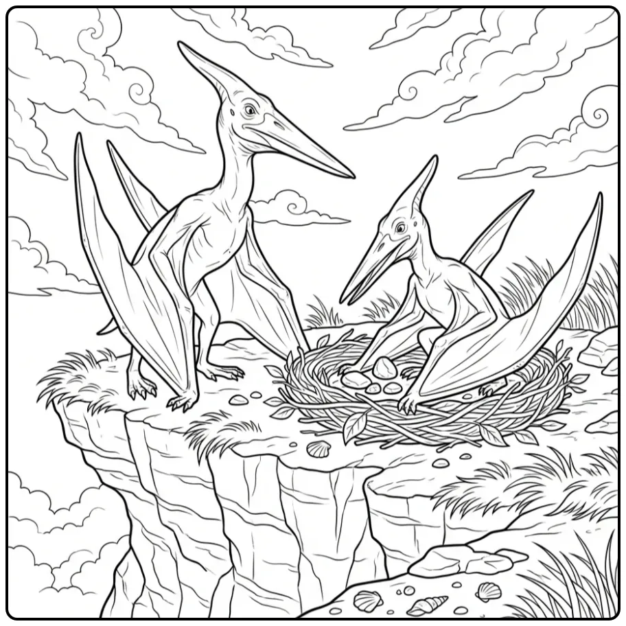 Pterodactylus kleurplaat van nestelende dino's op een rots.