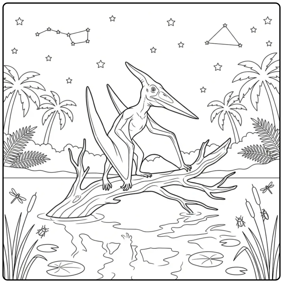 Realistische pterodactylus kleurplaat bij een rustige lagune.