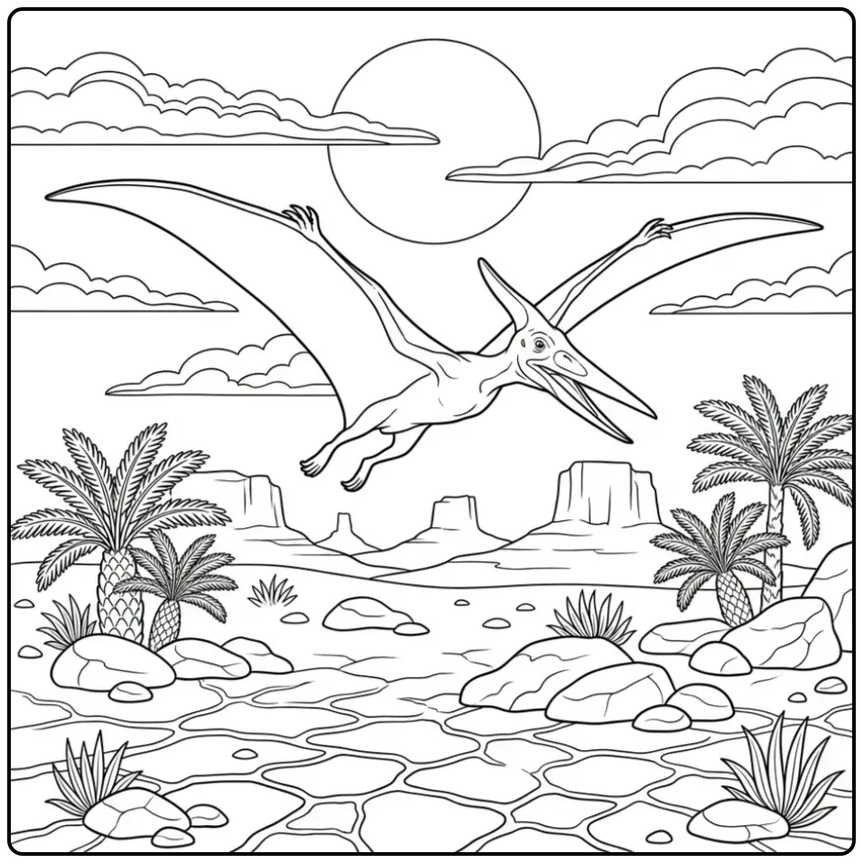 Realistische vliegende pterodactylus kleurplaat boven mesas