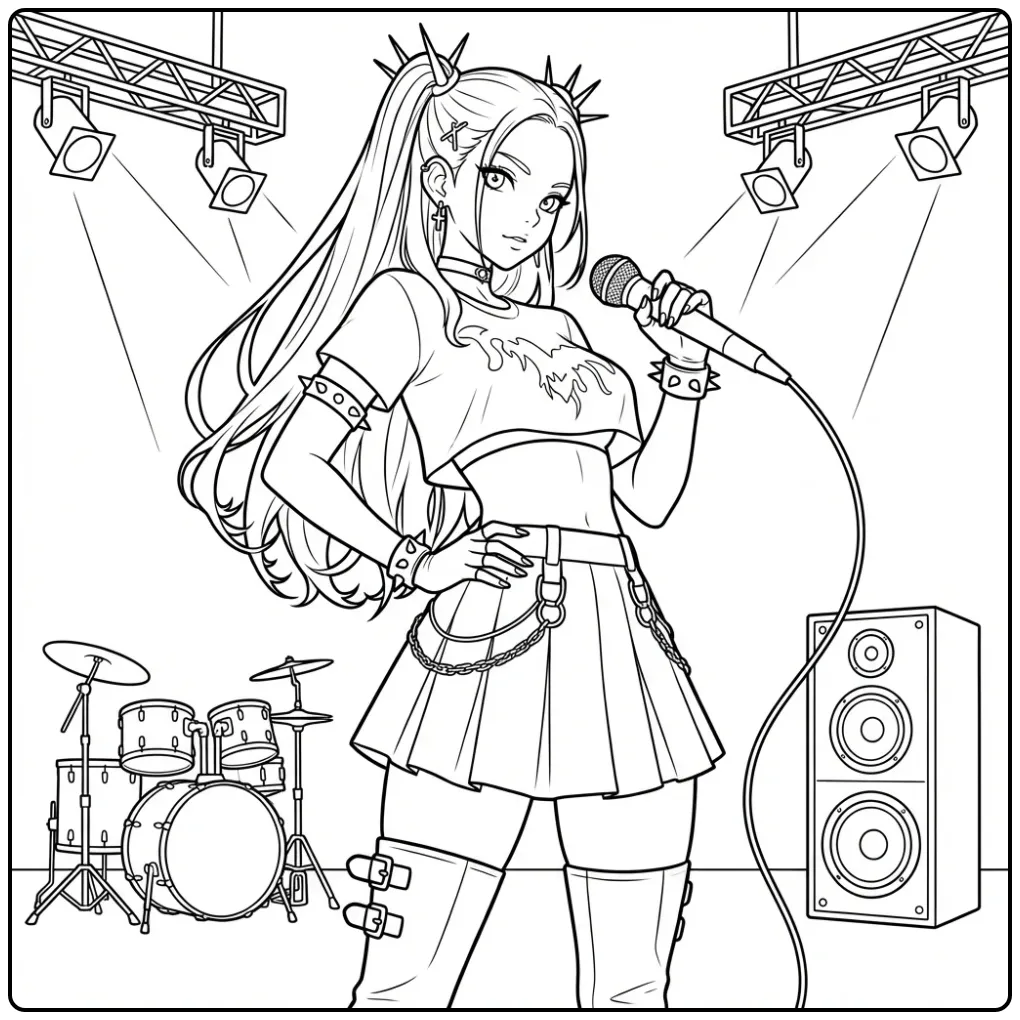 Kleurplaat kpop demon hunters Mira op een podium met microfoon.